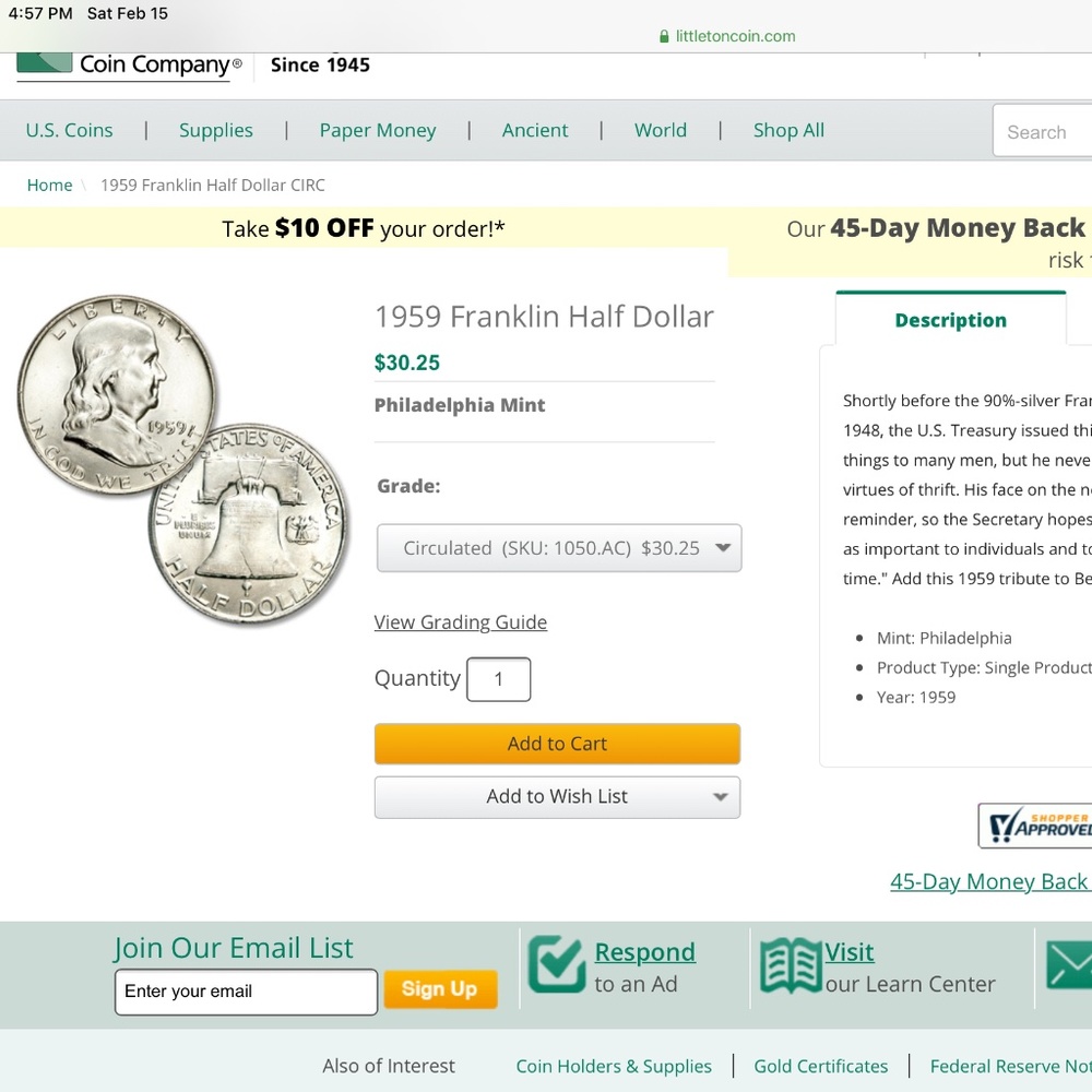 Ben Franklin half dollar 1959